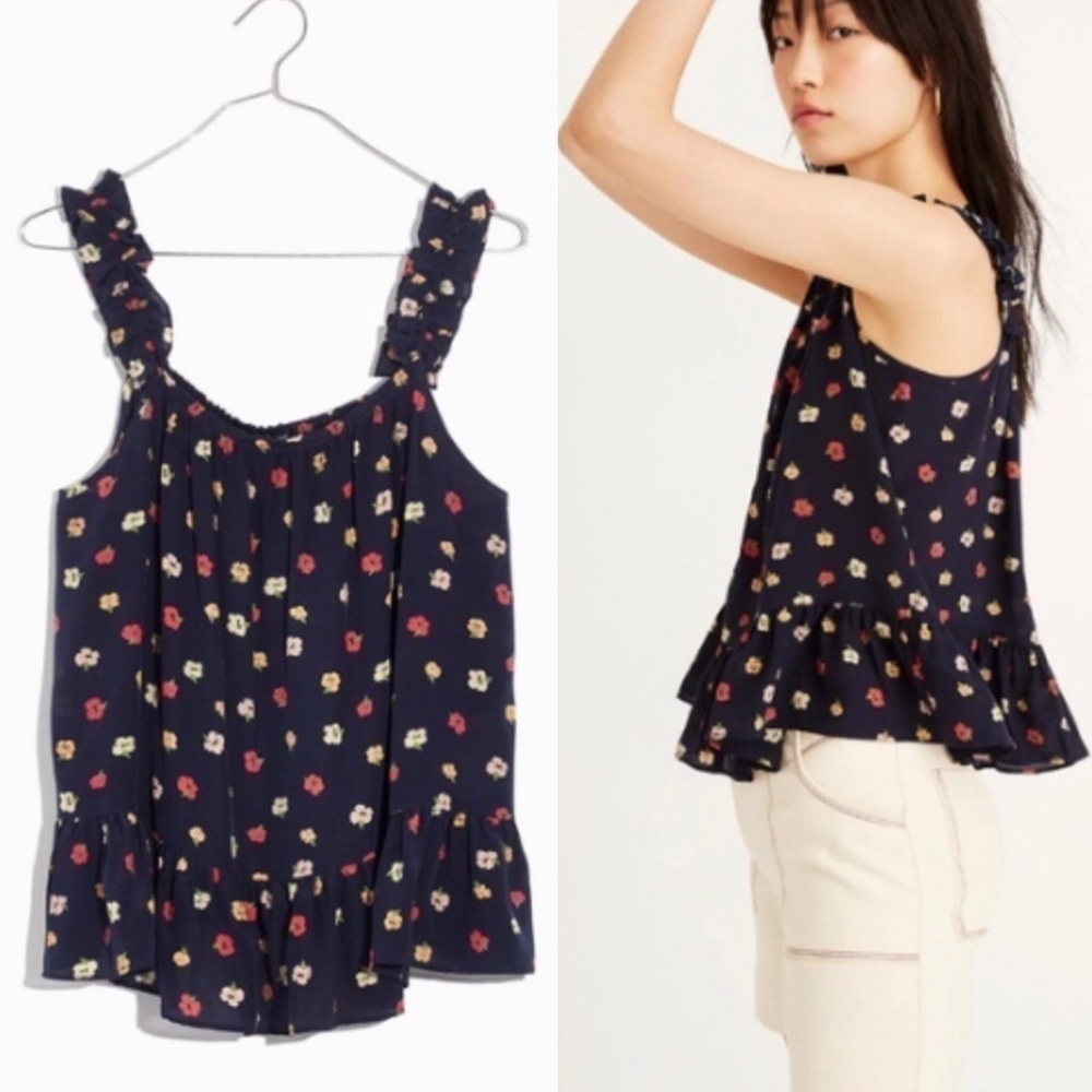 Madewell Silk Ruffle Strap Cami Top in Confetti